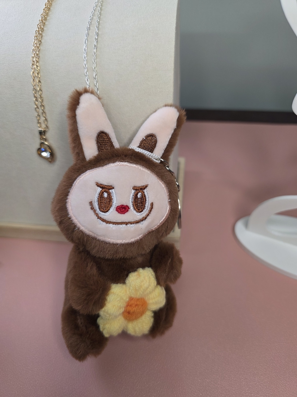 Plush Labubu Keychain Bag Charm - Brown with Yellow Flower